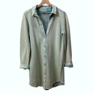PBJ Blues Snap Tunic Cardigan Sweater Jacket Shacket Acid Washed Aqua Medium
